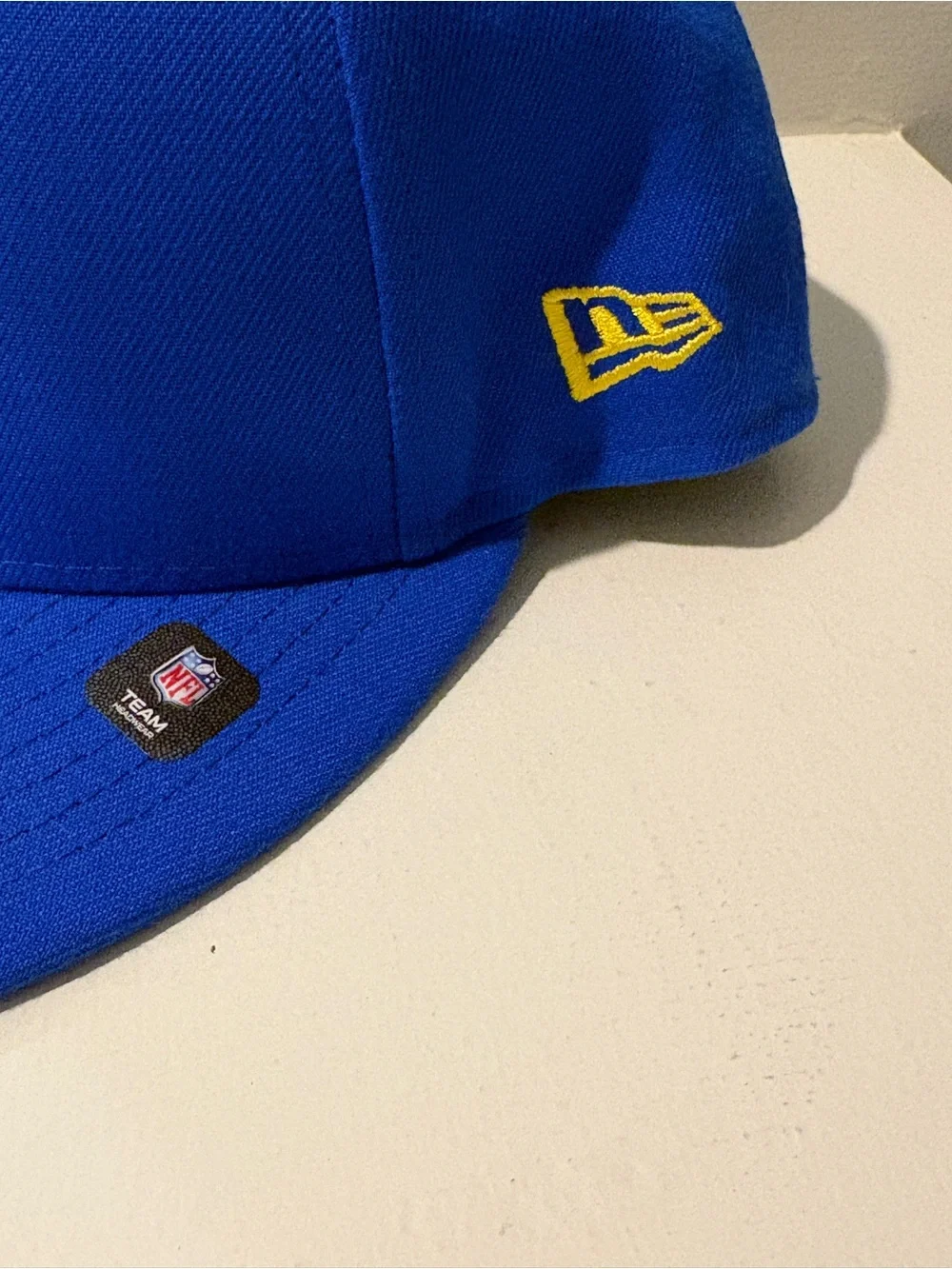 New Era Blue LA Logo Fitted Hat with White and Gold Embroidery
